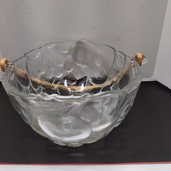 FRUIT BOWL Large Glass Fruit Bowl w/Bamboo Handle - Picture 4 of 6